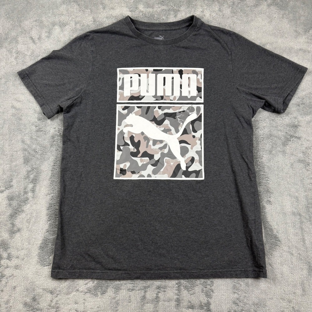 Puma Mens Graphic Tee Shirt Charcoal Gray Camo Logo 587404-07 Size M